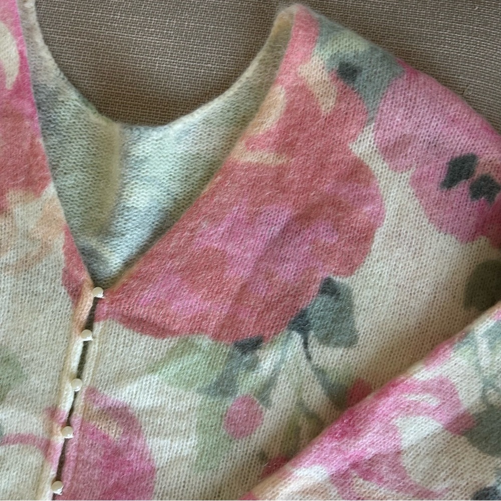 Sezane Lisette Cardigan Medium Pink Cream Floral Kid Mohair Sweater Knit French - Picture 8 of 15